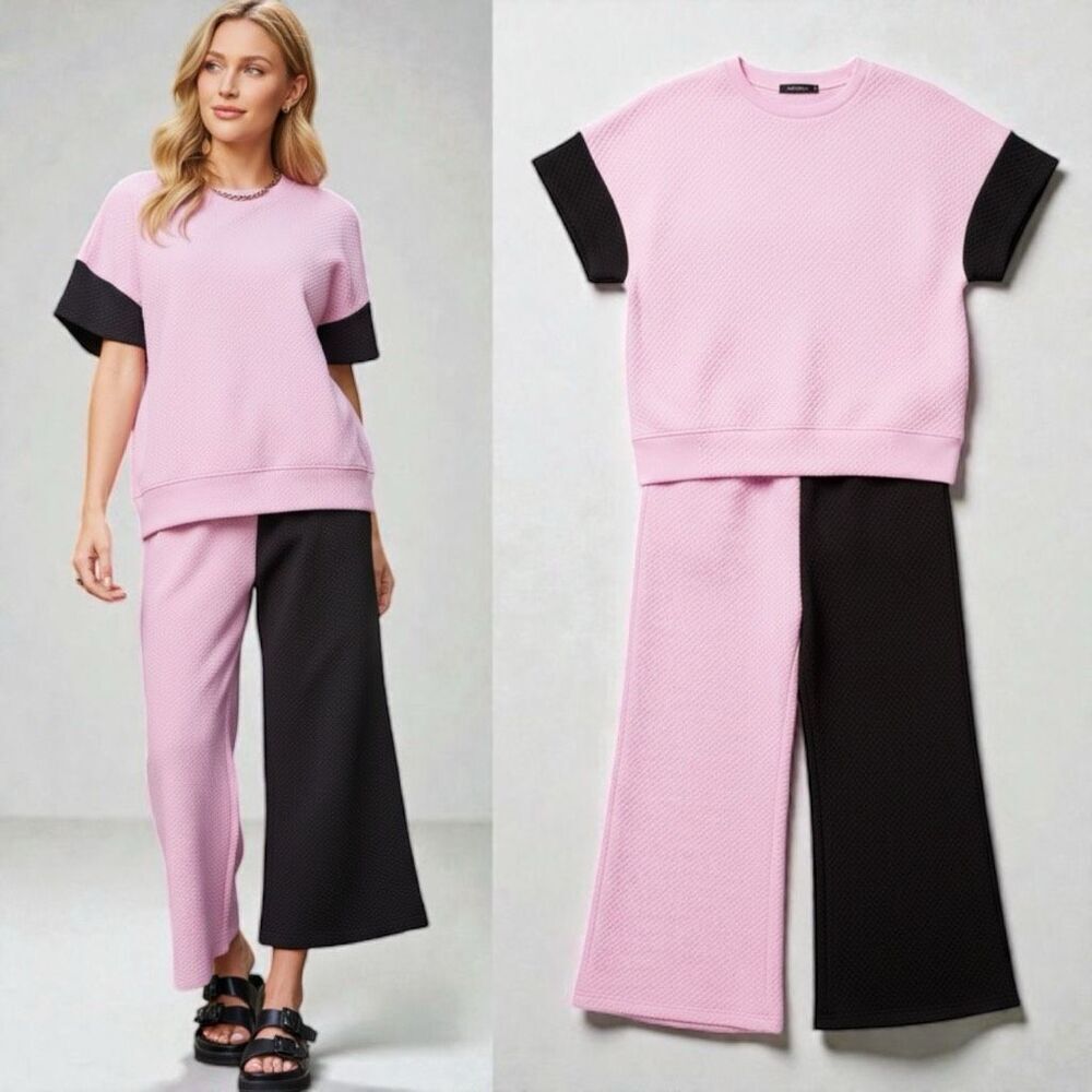 Pink & Black Texture Contrast T-Shirt and Wide Leg Pants Lounge Set NWT - Picture 1 of 8